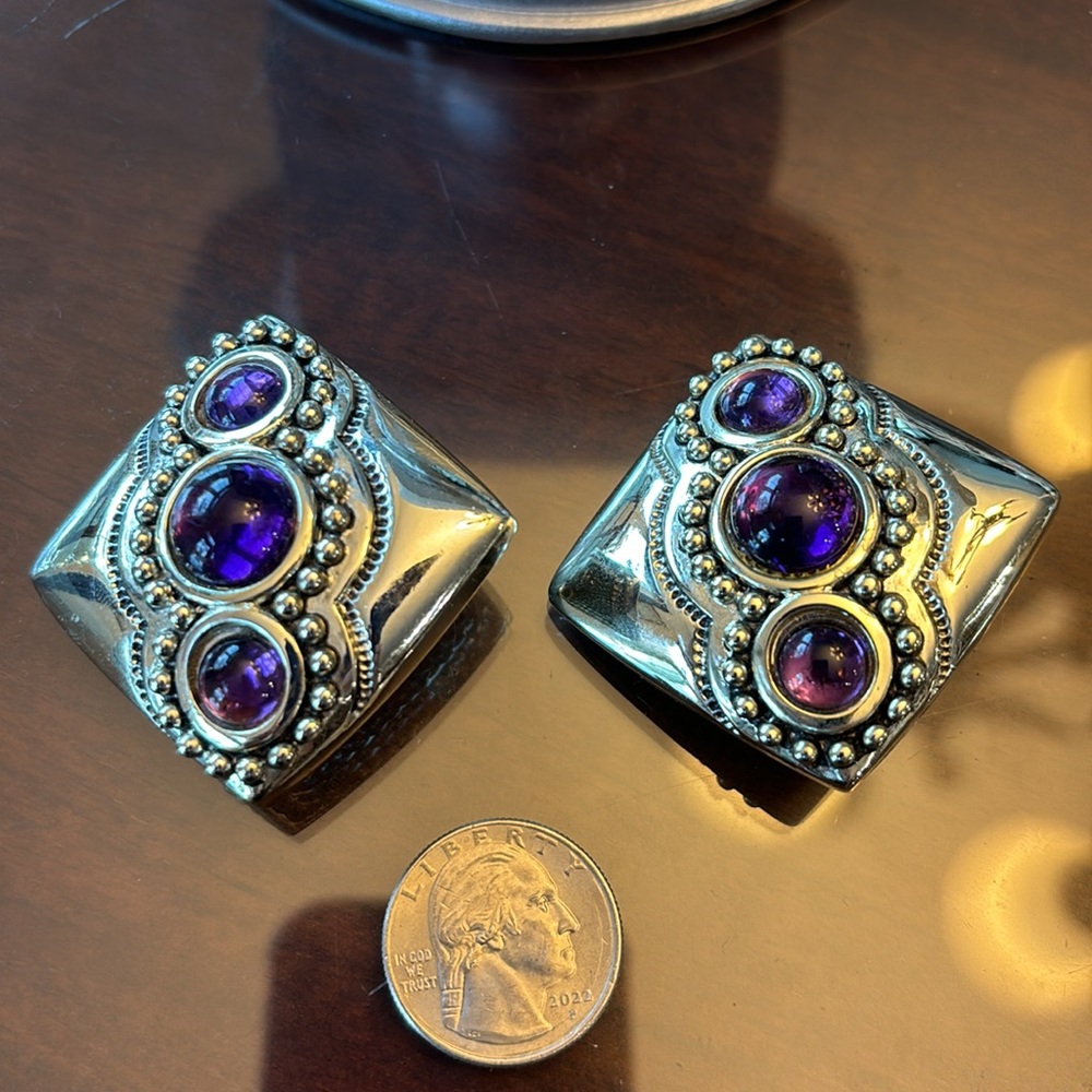 Amethyst &Silver Clip Earrings - Picture 2 of 4